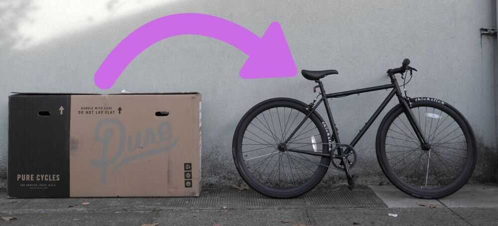 Photo of a bike shipping box, and an arrow pointing to a fully assembled single-speed bicycle.