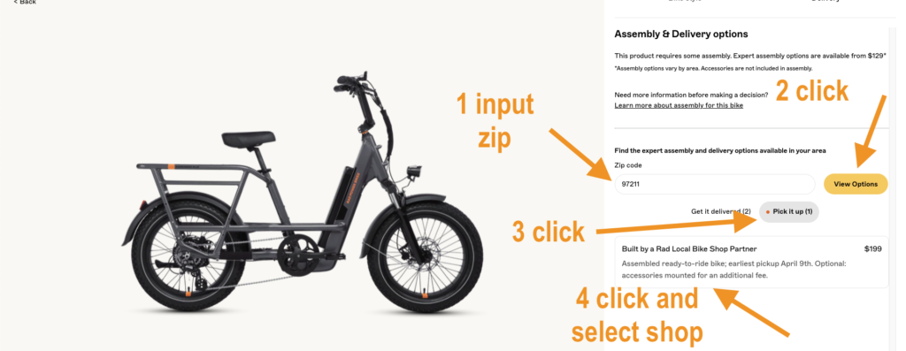 Instructions for partner pickup option on the Rad Power website